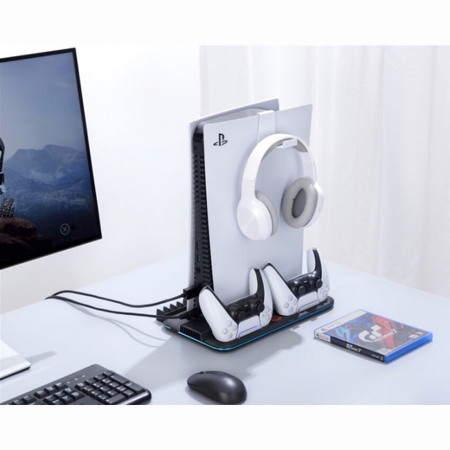 Меблі для геймерів - ​Підставка для PS5 Canyon CS-51 RGB Slim/DE з охолодженням і зарядкою для геймпадів Black (CND-CSPS5B-1)#9