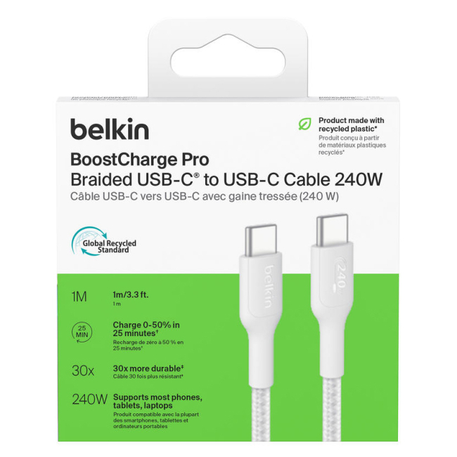 Павербанки - ​Кабель Belkin USB-C > USB-C заряджання/синхронізації 240Вт Type-C плетений білий (CAB025HQ1MWH)#2