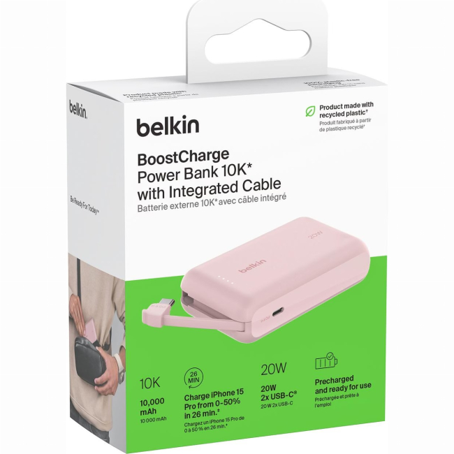 Павербанки - аккумулятор портативный литий-ионный Power Bank Belkin 10000мА·ч 20Вт с интегрированным кабелем USB-C розовый (BPB021HQPK)#4
