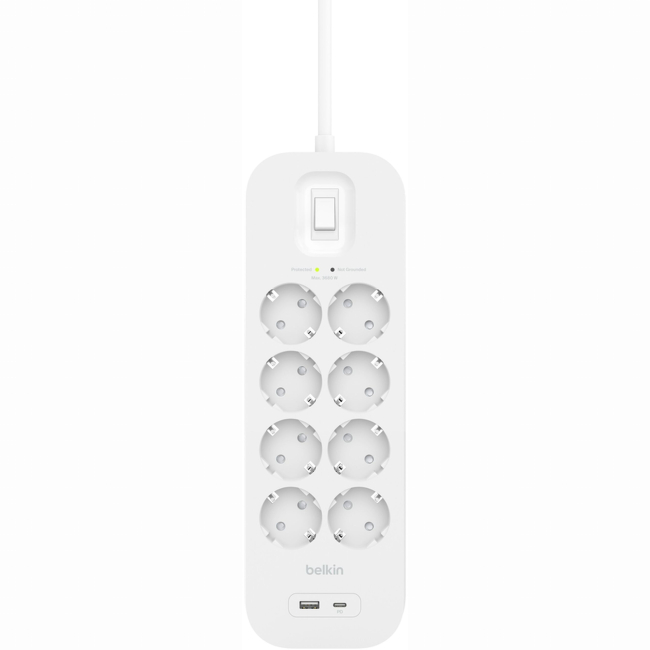 Павербанки - ​Удлинитель-фильтр сетевой Belkin 8хТип F 3x1 5мм кв 16А USB-A/USB-C 18Вт с защитой от перенапряжения 2м белый (SRB003VF2M-V2)#2