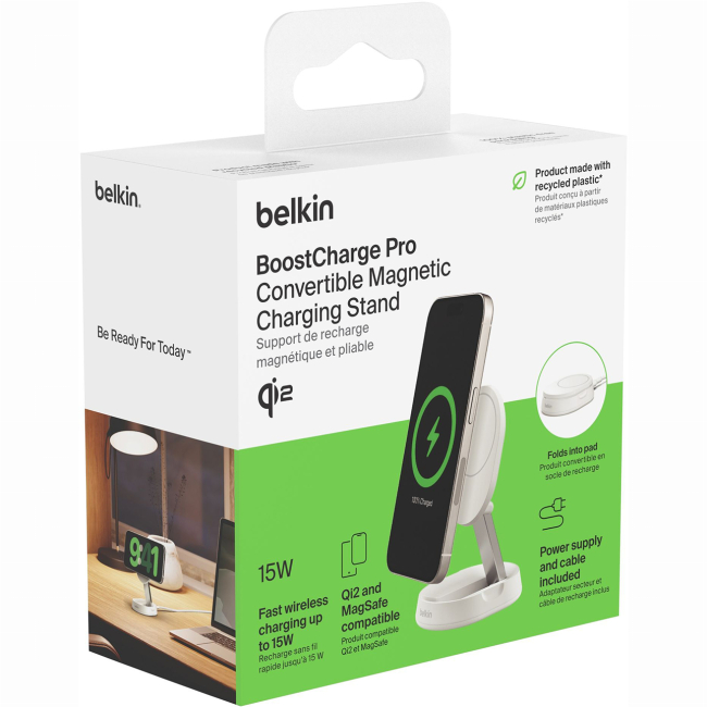 Павербанки - Зарядное устройство беспроводное Belkin 15Вт Magnetic Stand Qi2 адаптер 20Вт USB-C белый (WIA008VFWH)#6