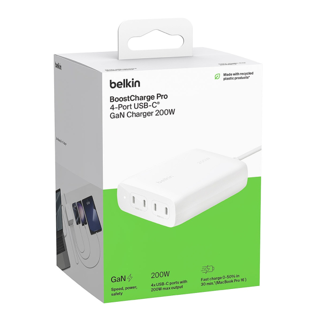 Павербанки - ​Зарядний пристрій мережевий Belkin 200Вт 4хUSB-С GAN PD PPS білий (WCH015VFWH)#5