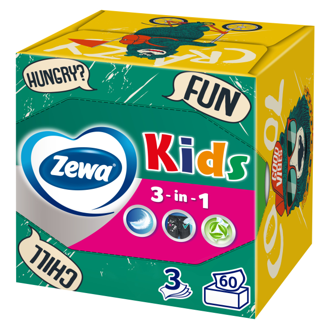 Антисептики і маски - Серветки Zewa Kids Cube 3 в 1 60 шт в асортименті (7322540413977)#2