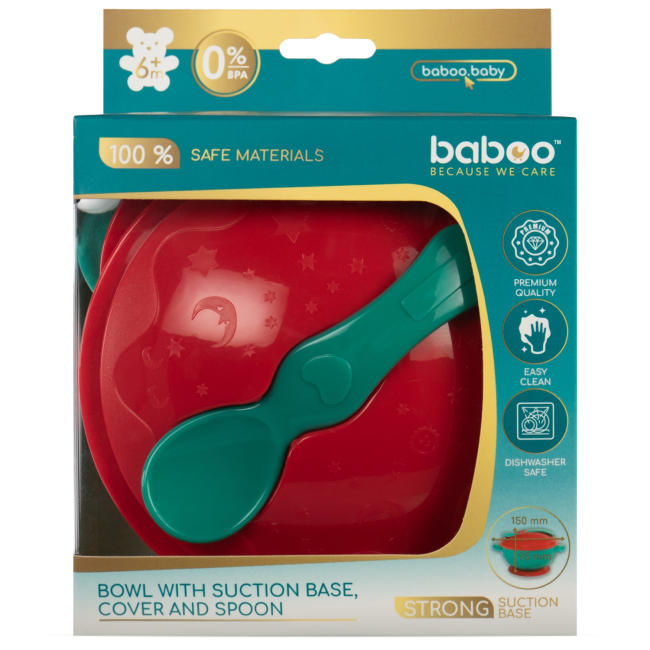 Детская посуда и аксессуары - Мисочка Baboo с основой-присоской, крышкой и ложечкой красная (9-034)#5