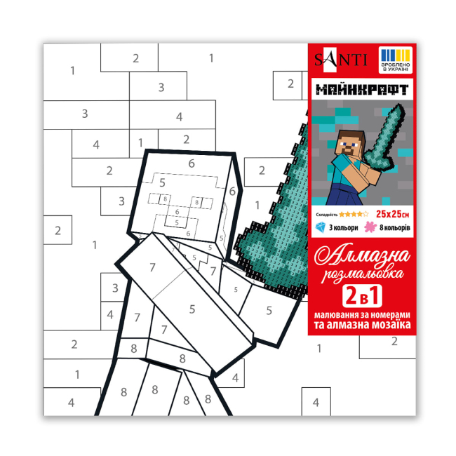 Товары для рисования - Картина по номерам с алмазной мозаикой Santi Майнкрафт Стив и алмазный меч 25 х 25 см (954929)#2