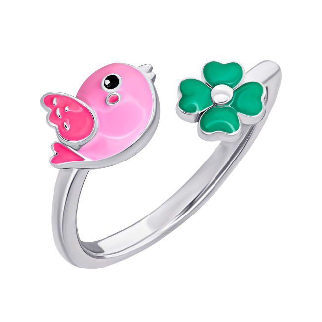 Ювелірні прикраси - Каблучка UmaUmi Fly Пташечка із рожевою та зеленою емаллю (2210000018686)#2